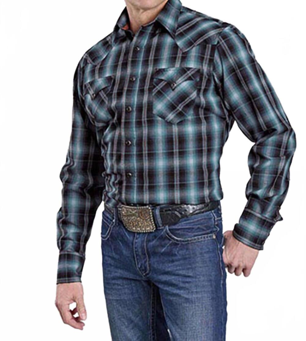 NEW ROPER west made snap dobby plaid western shirt in blue